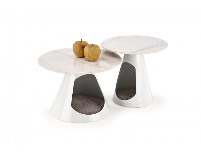 Комплект 2 маси OSARIO кръгли бял мрамор/бяло