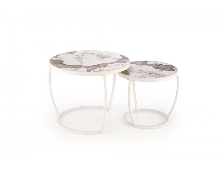Комплект 2 маси INES кръгли бежов мрамор/бяло