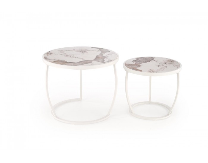 Комплект 2 маси INES кръгли бежов мрамор/бяло