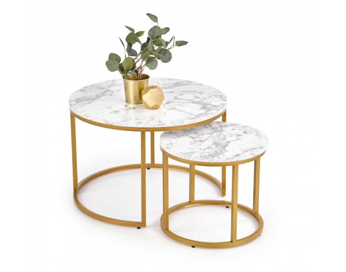 Комплект 2 маси PAOLA кръгли БЯЛ мрамор/златно