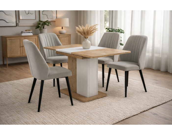 Трапезна маса Ekre, Разтегателна, Дъб артисан/Бяло