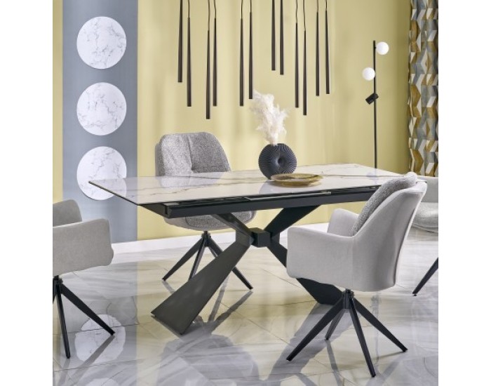 Трапезна маса Мебели Богдан модел LUCIANO, разтегателна, бял мрамор/черно Трапезна маса Мебели Богдан модел LUCIANO, разтегателна, бял мрамор/черно