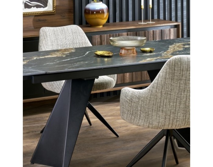 Трапезна маса Мебели Богдан модел Armani, разтегателна, черен мрамор/черно Трапезна маса Мебели Богдан модел Armani, разтегателна, черен мрамор/черно