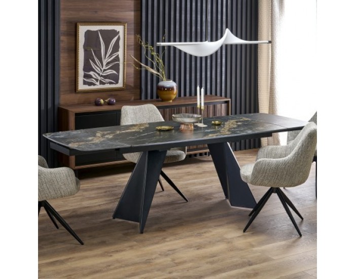 Трапезна маса Мебели Богдан модел Armani, разтегателна, черен мрамор/черно Трапезна маса Мебели Богдан модел Armani, разтегателна, черен мрамор/черно