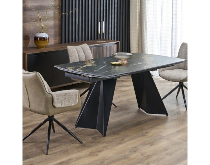 Трапезна маса Мебели Богдан модел Armani, разтегателна, черен мрамор/черно Трапезна маса Мебели Богдан модел Armani, разтегателна, черен мрамор/черно