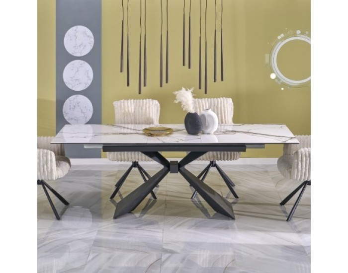 Трапезна маса Мебели Богдан модел LUCIANO, разтегателна, бял мрамор/черно Трапезна маса Мебели Богдан модел LUCIANO, разтегателна, бял мрамор/черно