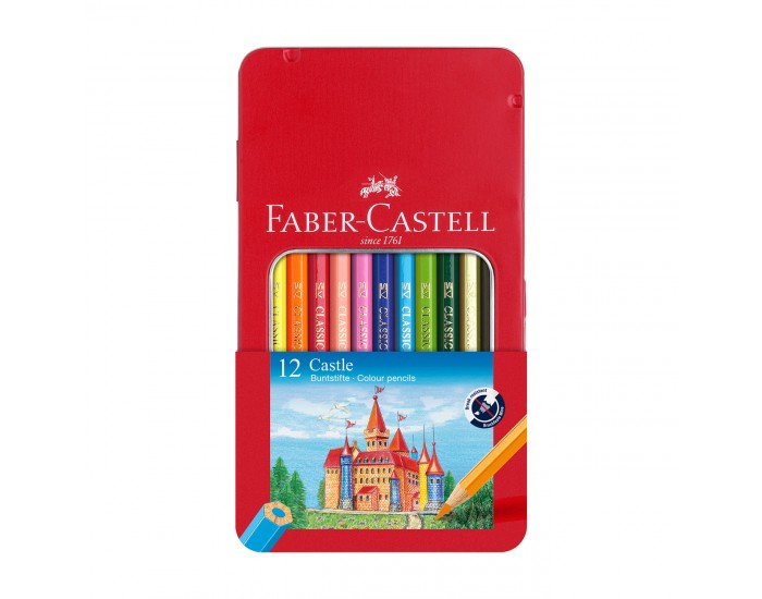 Faber-Castell Цветни моливи Замък, 12 цвята, в метална кутия