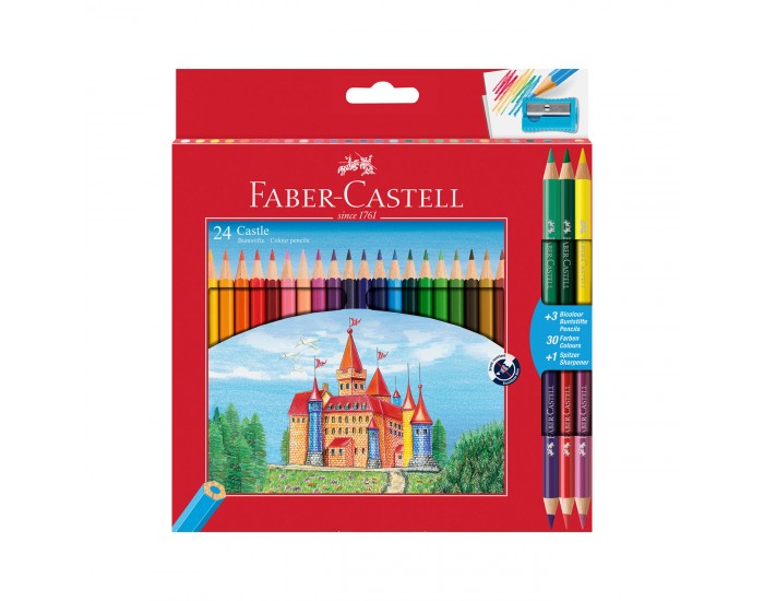 Faber-Castell Цветни моливи Замък, 24 + 6 цвята, с включена острилка