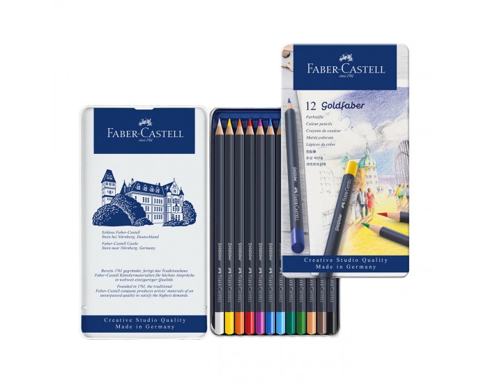 Faber-Castell Цветни моливи Goldfaber, 12 цвята, в метална кутия