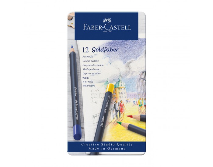 Faber-Castell Цветни моливи Goldfaber, 12 цвята, в метална кутия