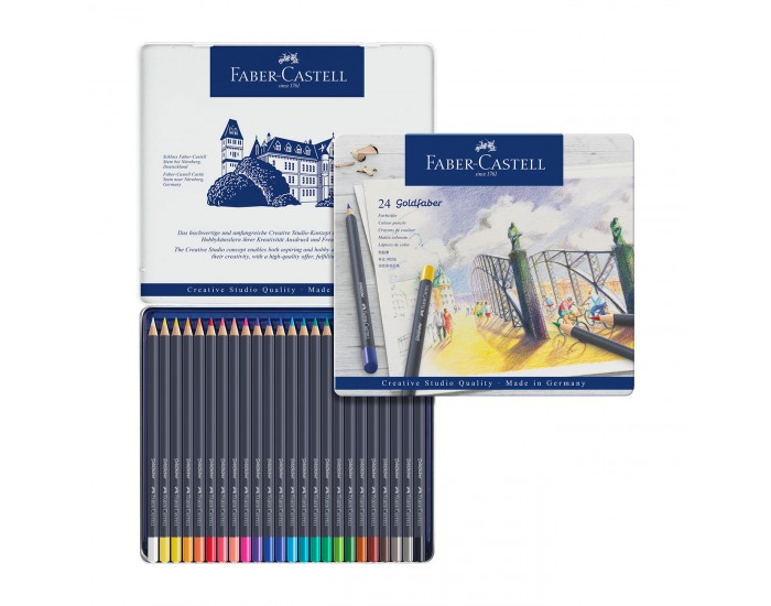 Faber-Castell Цветни моливи Goldfaber, 24 цвята, в метална кутия