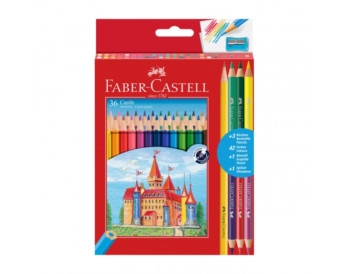 Faber-Castell Цветни моливи Замък 36+6+1 цвята, с включена острилка