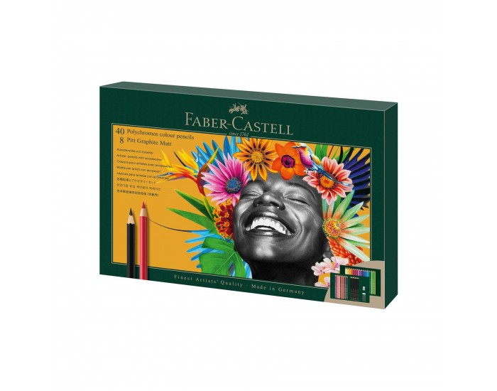 Faber-Castell Цветни моливи Polychromos, 40 цвята и чернографитни моливи Pitt Graphite Matt, 8 броя, в кутия