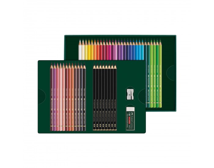 Faber-Castell Цветни моливи Polychromos, 40 цвята и чернографитни моливи Pitt Graphite Matt, 8 броя, в кутия