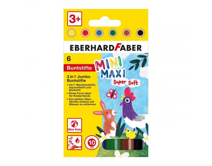 Eberhard Faber Цветни моливи Мини - Макси, 3 в 1, Jumbo, 6 цвята