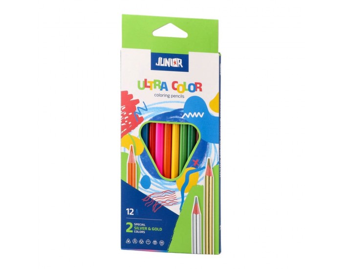 Цветни моливи Junior Ultra Color, триъгълни, 10 стандартни и 2 металикови цвята