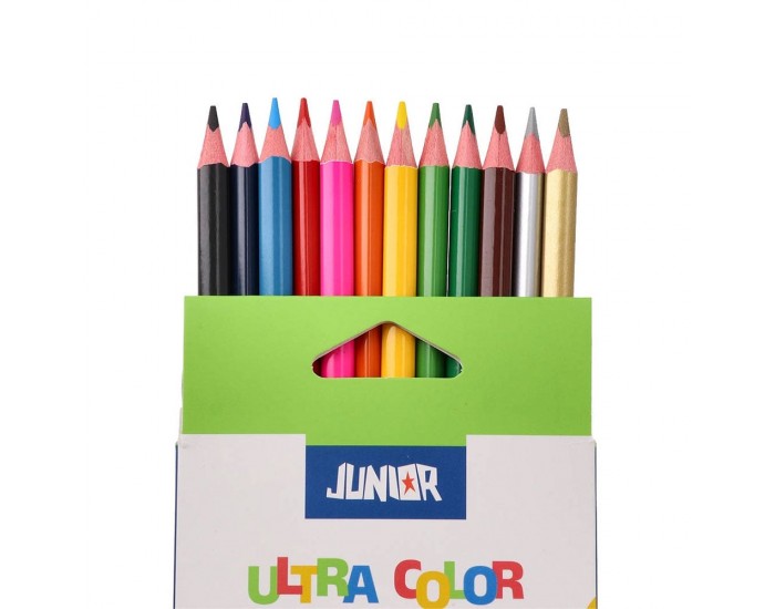 Цветни моливи Junior Ultra Color, триъгълни, 10 стандартни и 2 металикови цвята