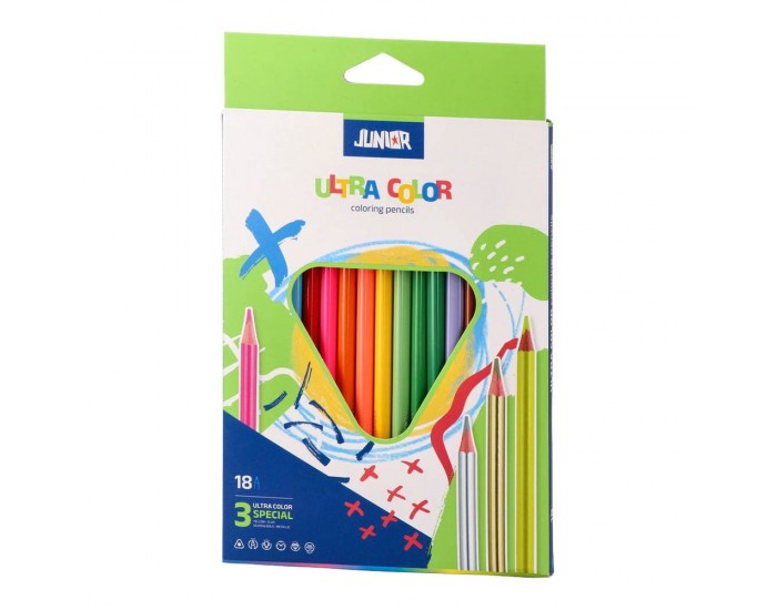 Цветни моливи Junior Ultra Color, триъгълни, 15 стандартни и 3 металикови цвята
