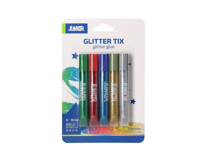 Течно лепило Junior Glitter Tix, с брокат, 5 броя х 10.5 ml
