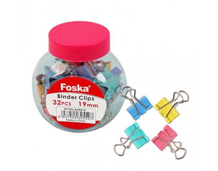 Foska Щипки за пари, 19 mm, цветни, 32 броя в буркан