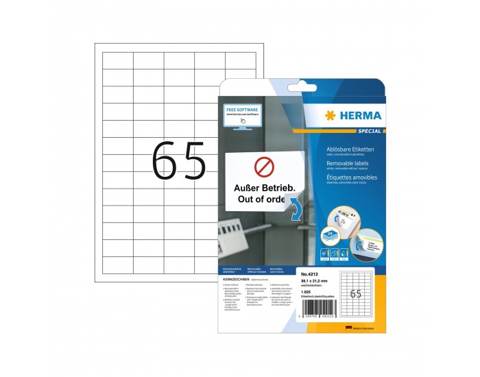 Herma Самозалепващи се етикети, A4, презалепващи, 38.1 х 21.2 mm, 65 броя, 25 листа