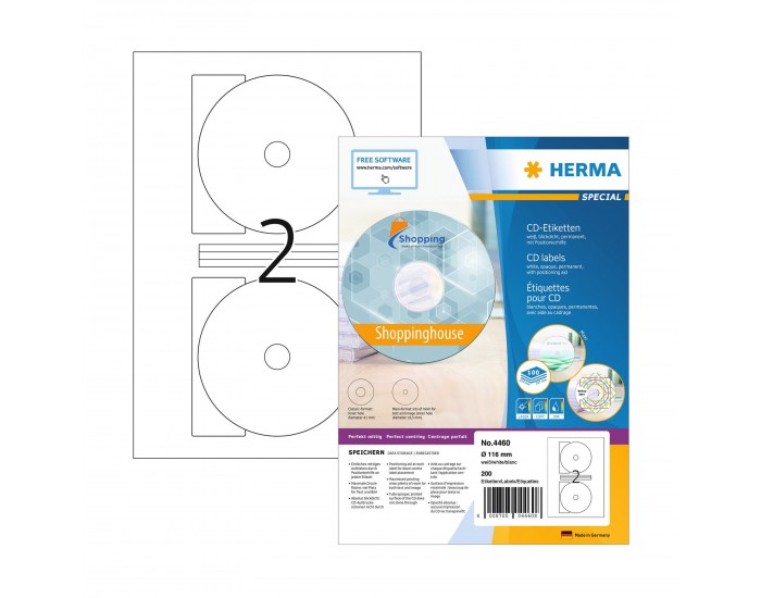 Herma Самозалепващи се етикети, A4, за CD, диаметър 116 mm, 2 броя, 100 листа