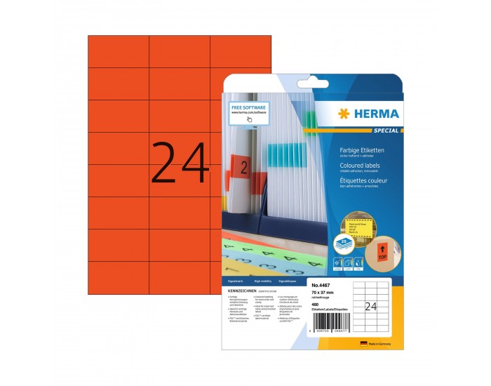 Herma Самозалепващи се етикети, A4, 70 х 37 mm, червени, 24 броя, 20 листа