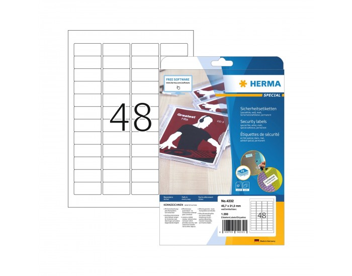 Herma Самозалепващи се етикети Security, 45.7 x 21 mm, 48 броя, 25 листа