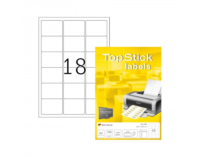 Top Stick Самозалепващи се етикети, A4, заоблени, 63.5 х 46.6 mm, 18 броя, 100 листа