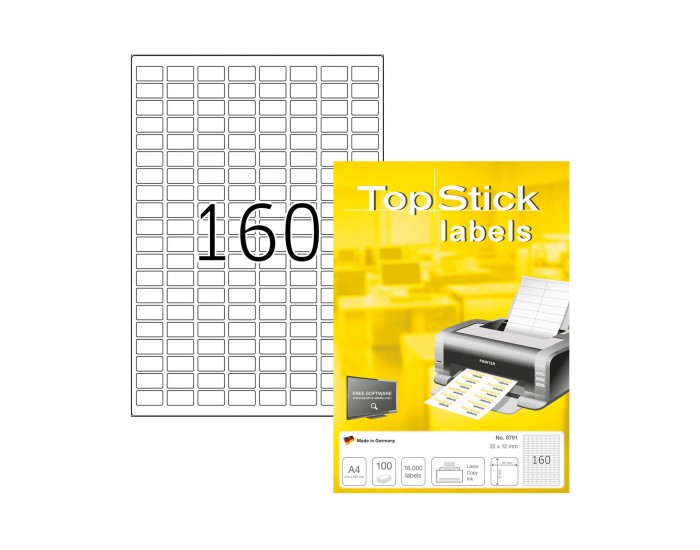 Top Stick Самозалепващи се етикети, A4, заоблени, 22 х 12 mm, 160 броя, 100 листа