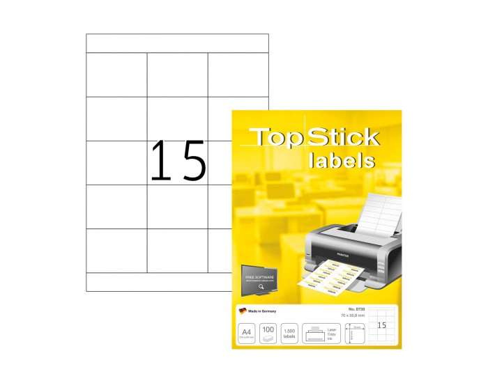 Top Stick Самозалепващи се етикети, A4, 70 х 50.8 mm, 15 броя, 100 листа