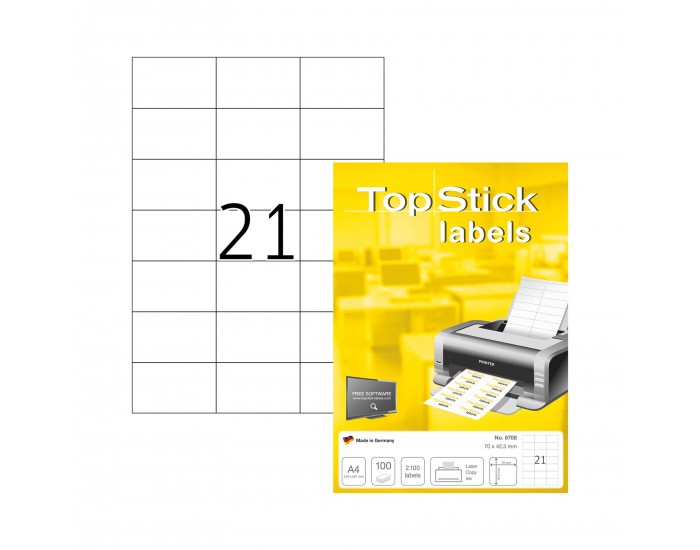 Top Stick Самозалепващи се етикети, A4, 70 х 42.3 mm, 21 броя, 100 листа
