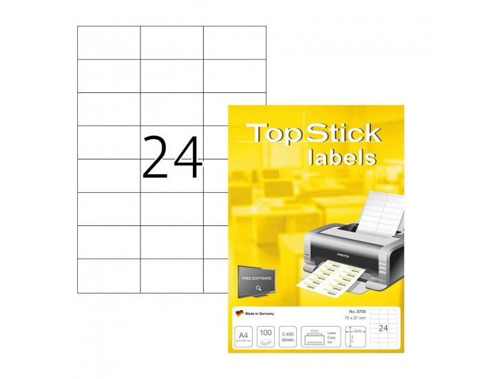 Top Stick Самозалепващи се етикети, A4, 70 х 37 mm, 24 броя, 100 листа