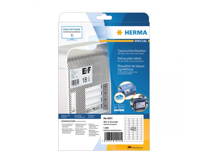 Herma Самозалепващи се етикети, A4, полиестерни, 45.7 х 21.2 mm, сребристи, 25 листа
