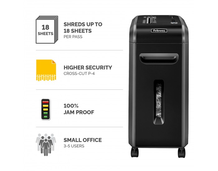 Шредер за унищожаване на документи Fellowes Powershred 99Ci, 100% Jam Proof, Cross-Cut, 34 L, P-4, време за работа 30 мин, време за почивка 40 мин