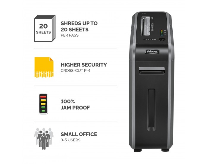 Шредер за унищожаване на документи Fellowes Powershred 125Ci, 100% Jam Proof, Cross-Cut, 53 L, P-4, ниво на шум 63 dB