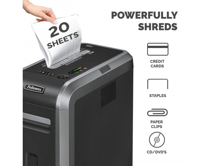 Шредер за унищожаване на документи Fellowes Powershred 125Ci, 100% Jam Proof, Cross-Cut, 53 L, P-4, ниво на шум 63 dB