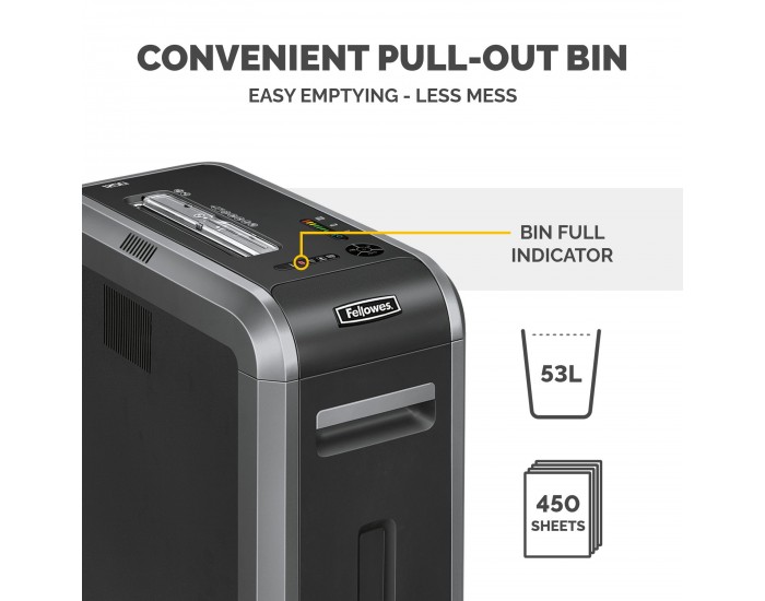 Шредер за унищожаване на документи Fellowes Powershred 125Ci, 100% Jam Proof, Cross-Cut, 53 L, P-4, ниво на шум 63 dB