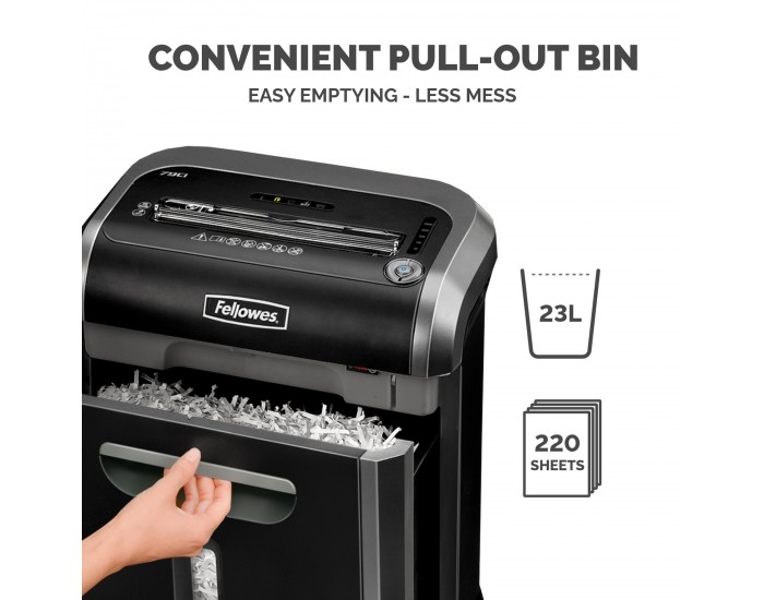 Шредер за унищожаване на документи Fellowes Powershred 79Ci, 100% Jam Proof, 23 L, P-4, време за работа 20 мин, време за почивка 30 мин