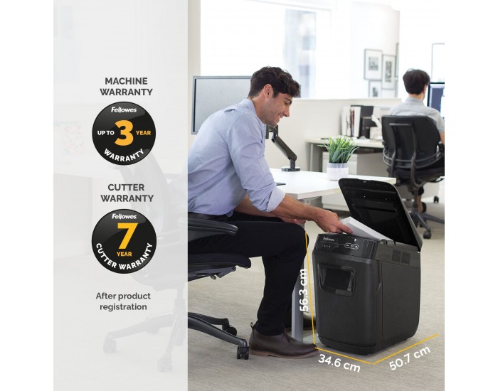 Шредер за унищожаване на документи Fellowes Automax 200C, Cross-Cut, P-4, обем на коша 32 L, за 1-3 потребителя, ниво на шум 60 dB
