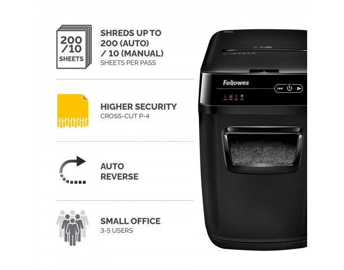 Шредер за унищожаване на документи Fellowes Automax 200C, Cross-Cut, P-4, обем на коша 32 L, за 1-3 потребителя, ниво на шум 60 dB