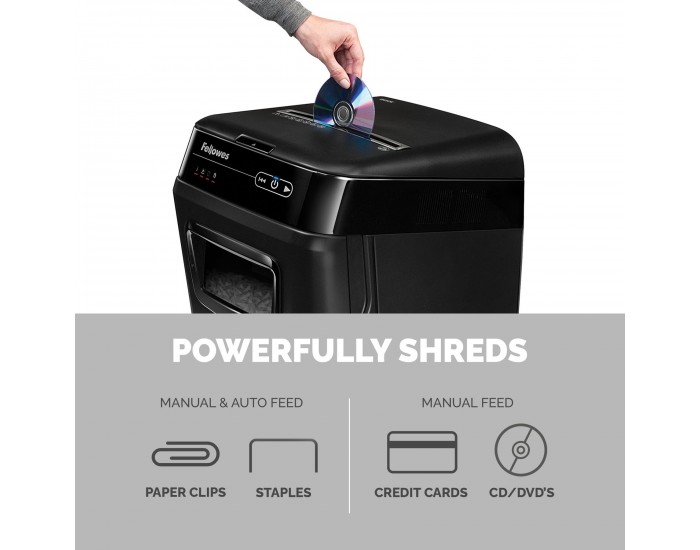 Шредер за унищожаване на документи Fellowes Automax 200C, Cross-Cut, P-4, обем на коша 32 L, за 1-3 потребителя, ниво на шум 60 dB