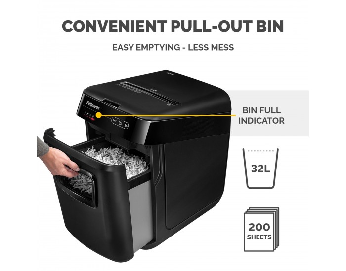Шредер за унищожаване на документи Fellowes Automax 200C, Cross-Cut, P-4, обем на коша 32 L, за 1-3 потребителя, ниво на шум 60 dB