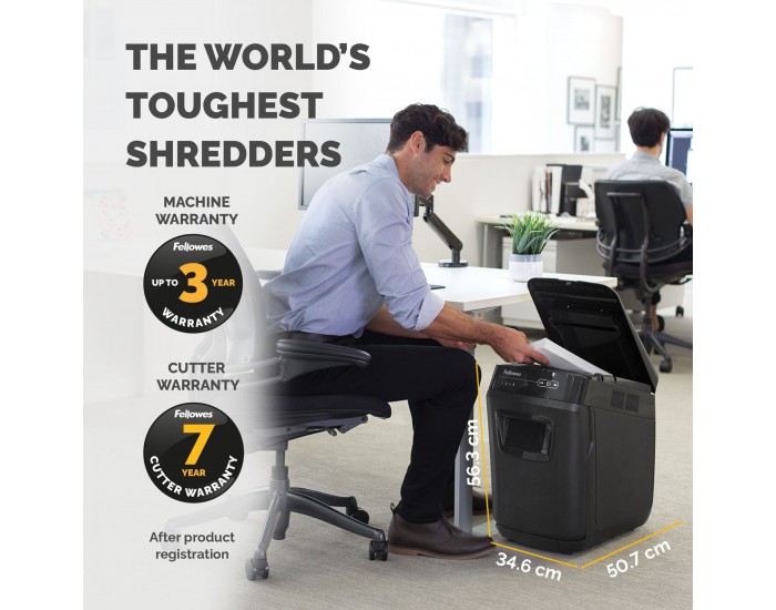 Шредер за унищожаване на документи Fellowes Automax 200C, Cross-Cut, P-4, обем на коша 32 L, за 1-3 потребителя, ниво на шум 60 dB