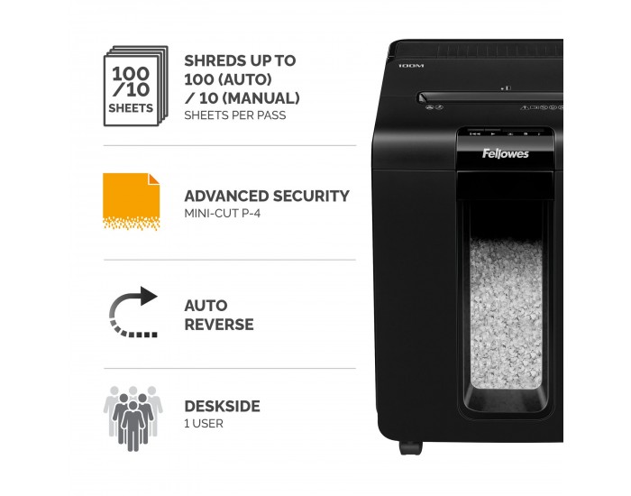 Шредер за унищожаване на документи Fellowes Automax 100M, Micro Cut, 23 L, P-4, време за работа 15 мин