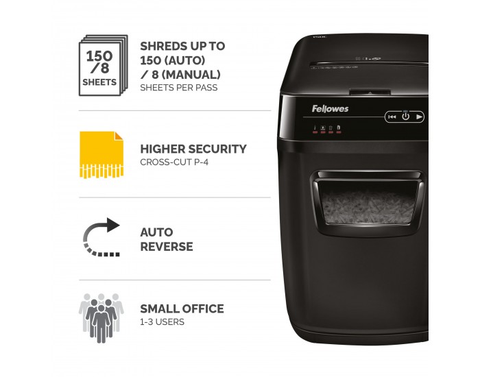 Шредер за унищожаване на документи Fellowes AutoMax 150C, Cross-Cut, 32 L, P-4, време за работа 12 мин, време за почивка 25 мин, ниво на шум 65 dB