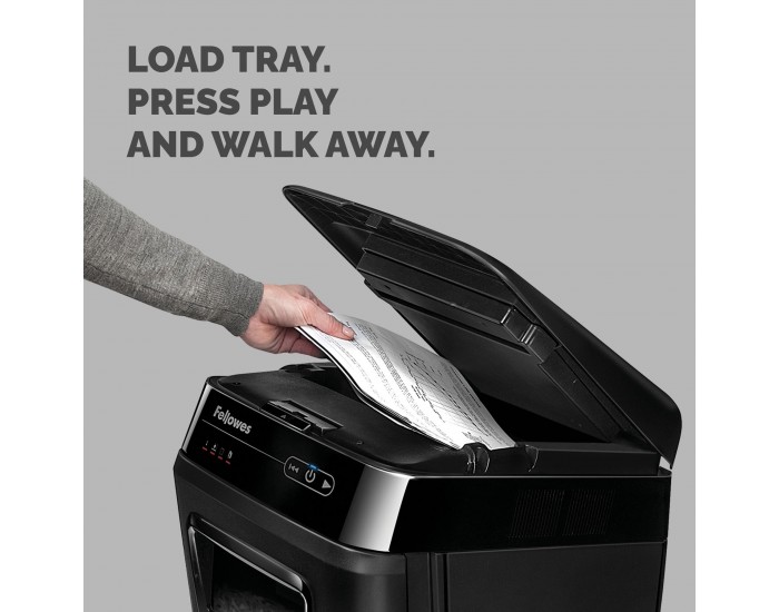 Шредер за унищожаване на документи Fellowes AutoMax 150C, Cross-Cut, 32 L, P-4, време за работа 12 мин, време за почивка 25 мин, ниво на шум 65 dB