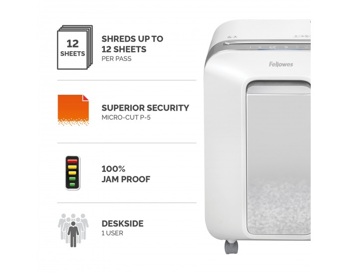 Шредер за унищожаване на документи Fellowes Powershred LX201, Microcut, 22 L, бял, P-5, време за работа 10 мин, Micro-Cut