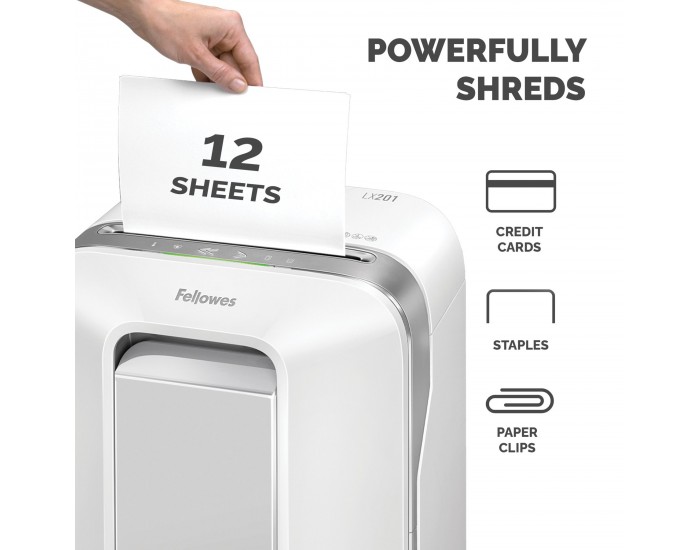 Шредер за унищожаване на документи Fellowes Powershred LX201, Microcut, 22 L, бял, P-5, време за работа 10 мин, Micro-Cut
