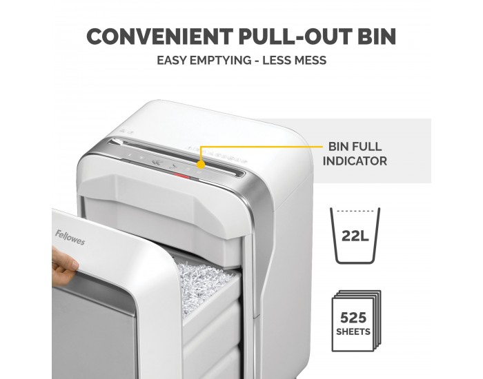 Шредер за унищожаване на документи Fellowes Powershred LX201, Microcut, 22 L, бял, P-5, време за работа 10 мин, Micro-Cut